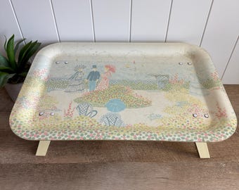 Vintage Folding Bed Tray | French Impressionist Tray | Camaieu Seaside Garden | Alpac Made In France | Cottagecore Decor