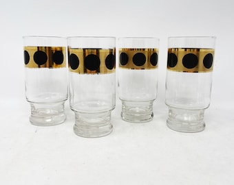 Mid-Century Glasses - Black and Gold - Highball - Glasses - Polka Dot - Footed Base - VINTAGE - MCM
