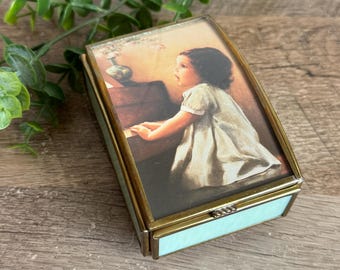 Vintage Music Box | Brass Glass Trinket Box | Piano Girl Music Box | Via Vermont Keepsake Box | Romantic Vanity Decor