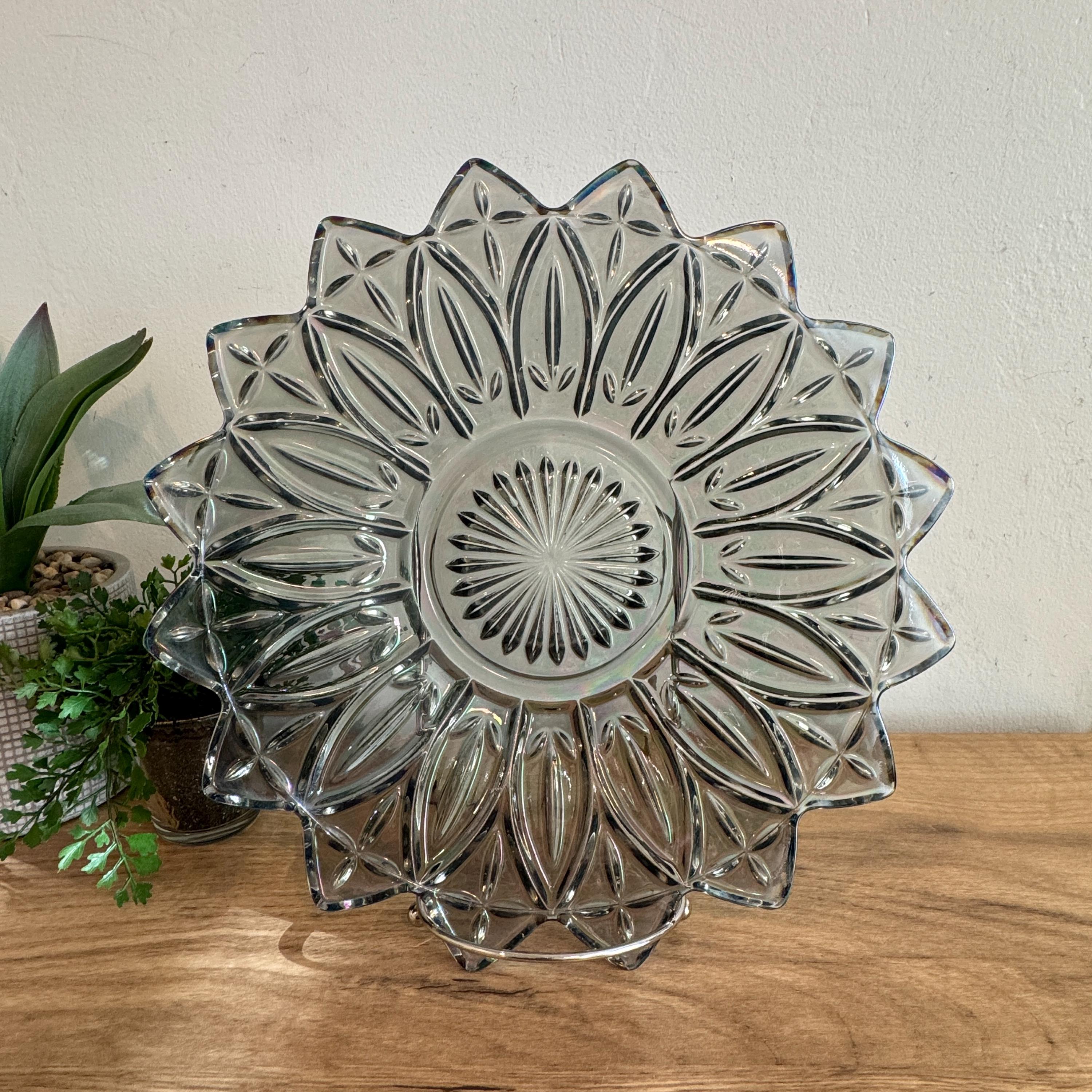 Federal Glass Smoke Gray Plate Iridescent Pressed Glass Serving Platter 11.5 Inch Vintage Floral Plate Art Deco Decor