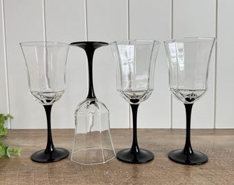 Vintage Luminarc Octime Goblets | Black Stem Wine Glasses | Arcoroc France | Set Of 4 | 1980s Postmodern Barware | Geometric Glassware