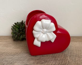 Vintage Heart Planter - Teleflora - Heart Vase - Red with White Bow - Valentine's Day - Anniversary - Pen Holder - Flowers