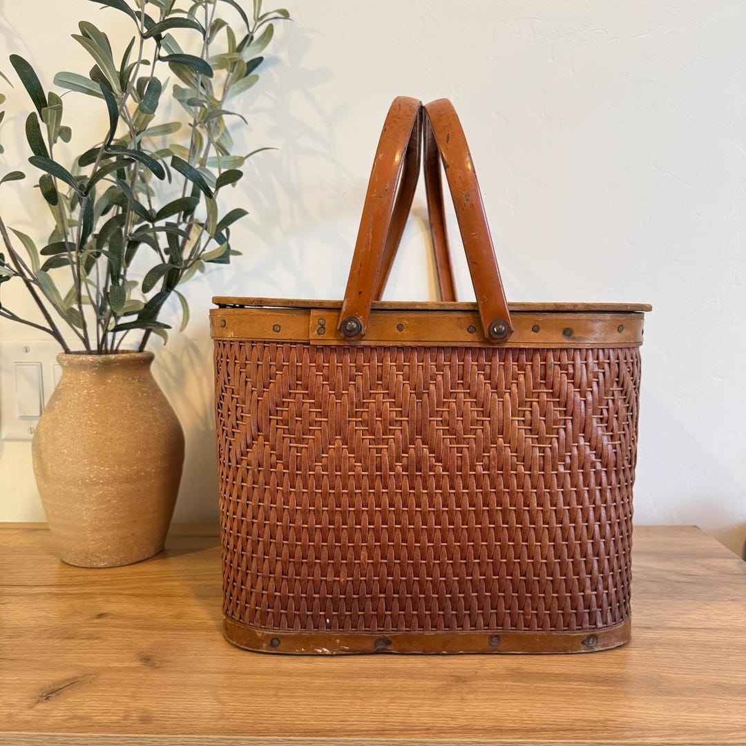 Vintage Redmon Picnic Basket | Square Woven Red Brown Basket