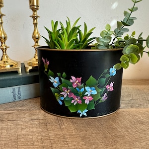 Vintage Hand Painted Toleware Planter | Black Floral Cachepot | Cottage Garden Decor | Metal Wastebasket