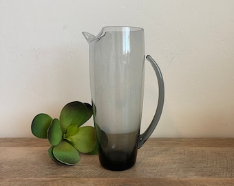 Vintage Black Glass Pitcher - Morgantown Glass - Cocktail Pitcher - Smoke Glass - Pinched Lip Pitcher - Vase - Mid-Century