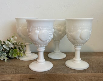 Westmoreland Milk Glass Goblets - Della Robbia - Wine Glasses - White Glass - Stemware - Mid-Century - Westmoreland Glass