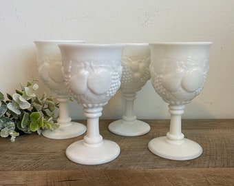 Westmoreland Milk Glass Goblets | Della Robbia Fruit Pattern | Vintage White Wine Glasses | Cottagecore Table Decor