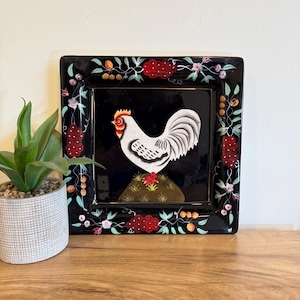 Vintage Ceramic Rooster Tray | Hand Painted Farmhouse Wall Decor | Rustic Country Kitchen Plate | Folk Art Chicken Serving Dish, Cottagecore