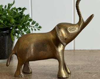 Vintage Brass Elephant | Raised Trunk Figurine | Lucky Elephant Statue | Mid Century Decor | Boho Shelf Decor | Brass Animal Sculpture