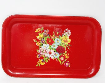 Red Floral 17.5 Metal Tray