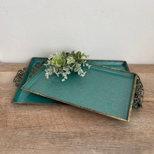 Vintage Turquoise Tray - Kyes - Moire Glaze - Jade Green - Handmade - Pasadena, CA - Greek Key Handles - Rectangular - Tray