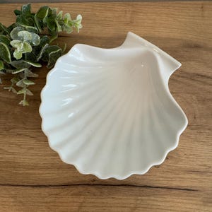 May include: A white, seashell-shaped dish with a glossy finish. The dish has a scalloped edge and a ridged interior, resembling the natural texture of a seashell. Decorative greenery is visible in the background.