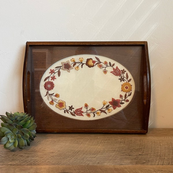 Vintage Embroidered Tray - Wood Base with Glass - Creative Circle - Autumn Floral Serving Tray - COMPLETED Embroidery Kit - Rectangular