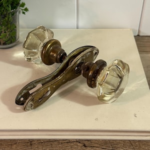 Vintage Glass Door Knobs | Pair Of Clear Octagon Crystal Door Knobs With Brass Backplates | Antique Interior Door Hardware