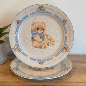 Vintage Teddy Bear Dinner Plates | Tienshan Country Bear Blue Bow Ceramic Plate Set | Cute Cottagecore Kitchen Tableware