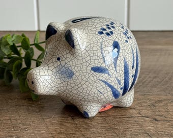 Blue White Piggy Bank | Crackle Glaze Ceramic Pig Bank | Farmhouse Pig Decor | Cottagecore Nursery Decor | Folk Art Pig