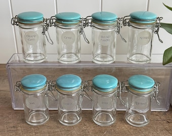 Vintage Spice Jars Set | Blue Ceramic Lid Canisters | Glass Kitchen Storage | Farmhouse Pantry Decor | 8 Piece Collection