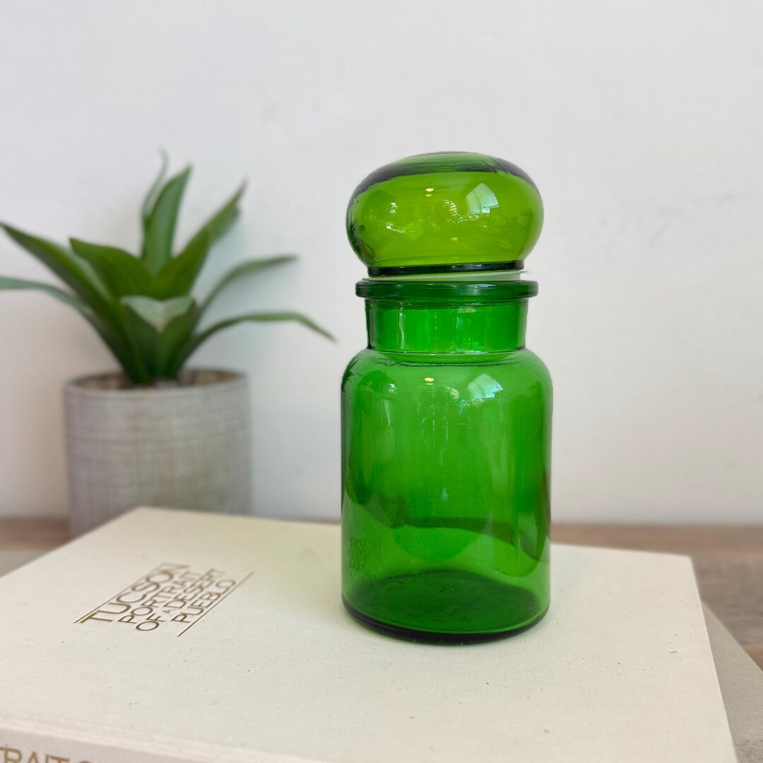Vintage Green Glass Jar - Made in Belgium - 7" - Bubble Lid - MCM - Mid ...