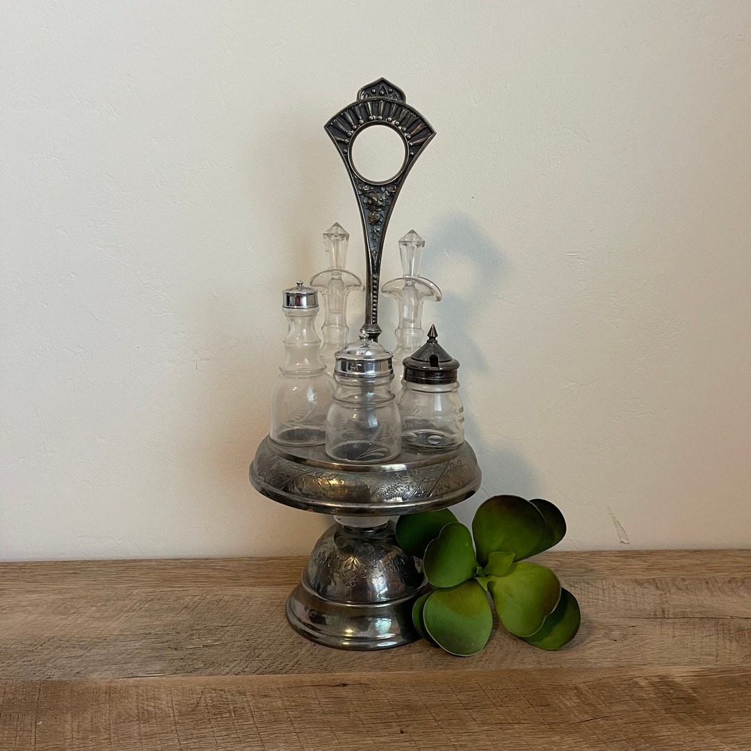 Silver Cruet Set Tall Etched Cruet Bottles Silver Etsy