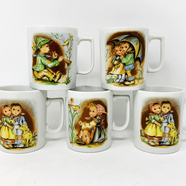 Hummel Style Mugs, Cups, Set of 5, Great Gift, Made in Japan, 1950's, Kitchen, Dishware, German Looking, Coffee/Tea Mugs