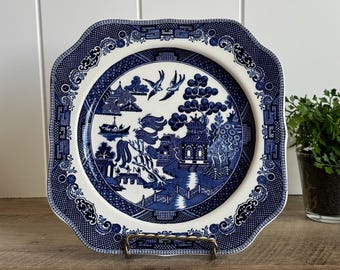 Vintage Johnson Bros Willow Plate | Blue White Transferware England | Square Serving Plate | English Cottage Decor | Wall Display