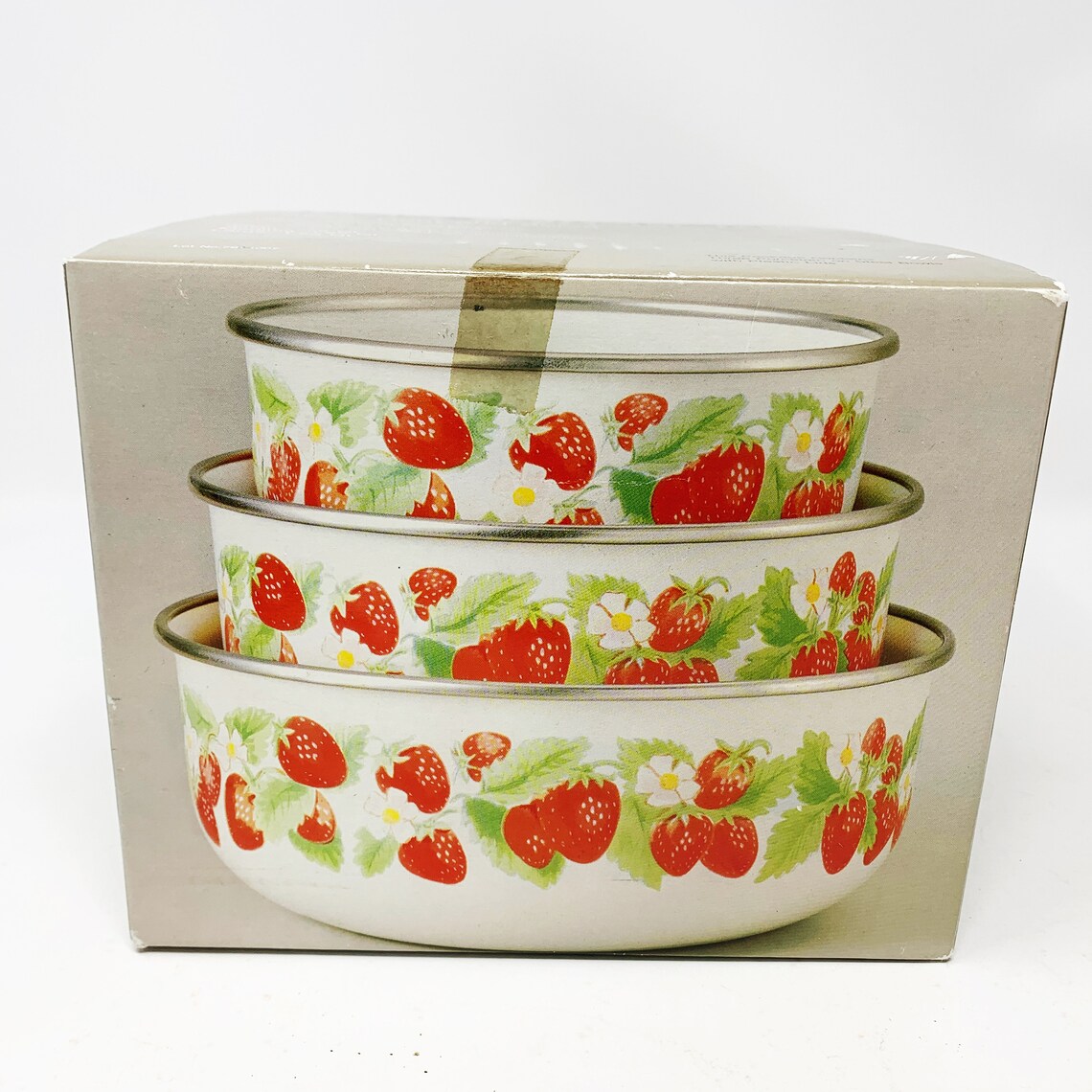 Strawberry Enamelware Bowls with Lids Kobe Kitchen NEW Old Etsy