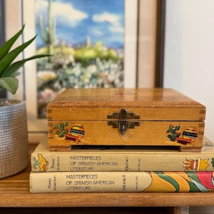 Mexican Wooden Box | Vintage Trinket Box | Southwest Decor | Rustic Keepsake Storage | Cactus And Pottery Art | Jewelry Box
