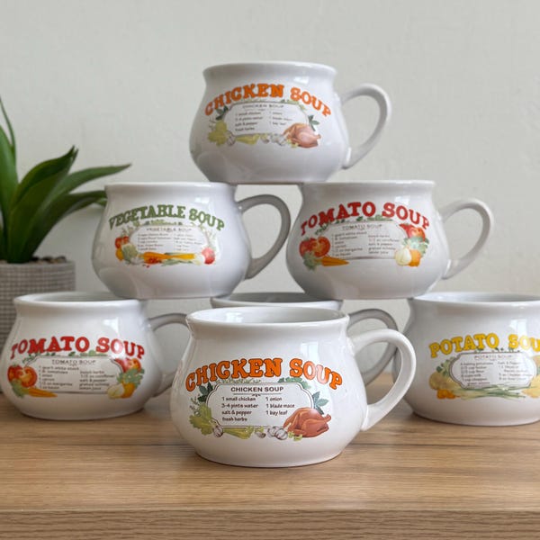 Vintage Soup Recipe Mug | Chicken Tomato Vegetable Potato Soup Mug | Dat'l Do It Soup Bowl Mug | Retro Recipe Cup | Kitchen Decor