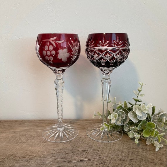 Red Bohemian Wine Glasses YOU PICK AJKA Cut Clear Crystal Vintage Red Wine  Glasses Etched 
