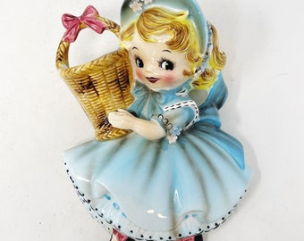 Lefton Wall Pockets - Miss Dainty - Girl with Basket - 1956 - #50264 - Chalkware - Wall Plaque/Hanging - Wall Pocket - Planter -Vintage