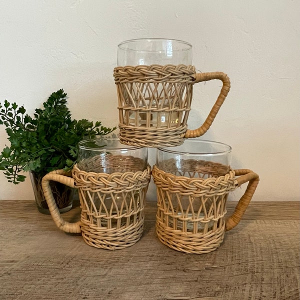 Wicker Glass Holders - Boho Home - Vintage Home- Wicker - Lowball Glass - Libbey Glass - Set of 3 - Drinking Glasses - MCM - Mid Century