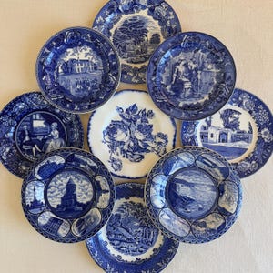 May include: An assortment of blue and white ceramic plates with various scenic and floral designs. The plates feature detailed illustrations of landscapes, buildings, and flowers, showcasing a classic aesthetic.