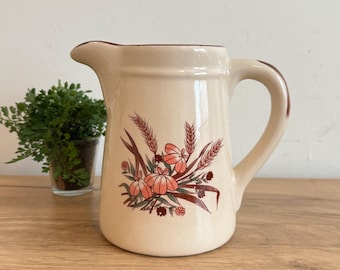 Vintage Stoneware Pitcher | Floral Wheat Farmhouse Ceramic Jug | Fall Rustic Kitchen Decor | Cottagecore Vase | 1970s Country Pottery