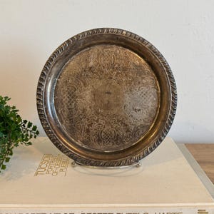 Antique Style Silver Plate Tray With Patina | 8&quot; Ornate Embossed Floral Serving Plate | Vintage Decorative Victorian Style Decor