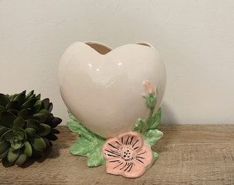 Vintage Heart Planter - Vallona Starr Design - Heart Vase - Small Pink Flower with Leaves - Valentine's Day - Anniversary - Pen Holder