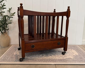Vintage Canterbury Book Stand | Wood Magazine Rack With Drawer | Rolling Library Bookcase | English Country Grandmillennial Decor