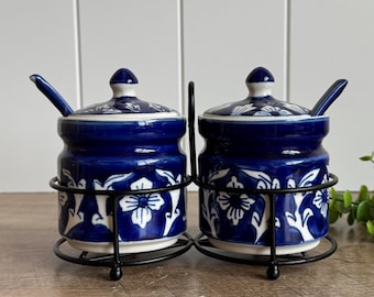 Blue Condiment Jars | Ceramic Spice Jars With Spoons And Metal Caddy | Floral Kitchen Canisters | Farmhouse Kitchen Decor