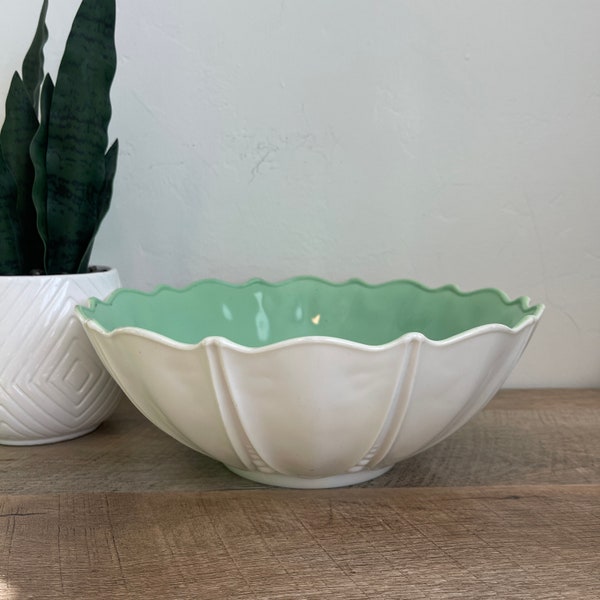 Vintage White and Green Serving Bowl - 1930s - Vitrock Bowl - Jade Color Interior - Hocking Glass Co