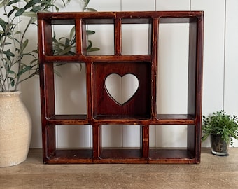 Vintage Wood Cubby Shelf | Heart Cutout Curio Display | 9 Compartment Wall Shelf | Cottagecore Trinket Shelf | Primitive Country Decor