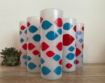 Vintage Mod Glassware | CHOICE | 60s/70s Red Blue Op Art Glasses | Retro Drinkware Sets | Mid Century Barware