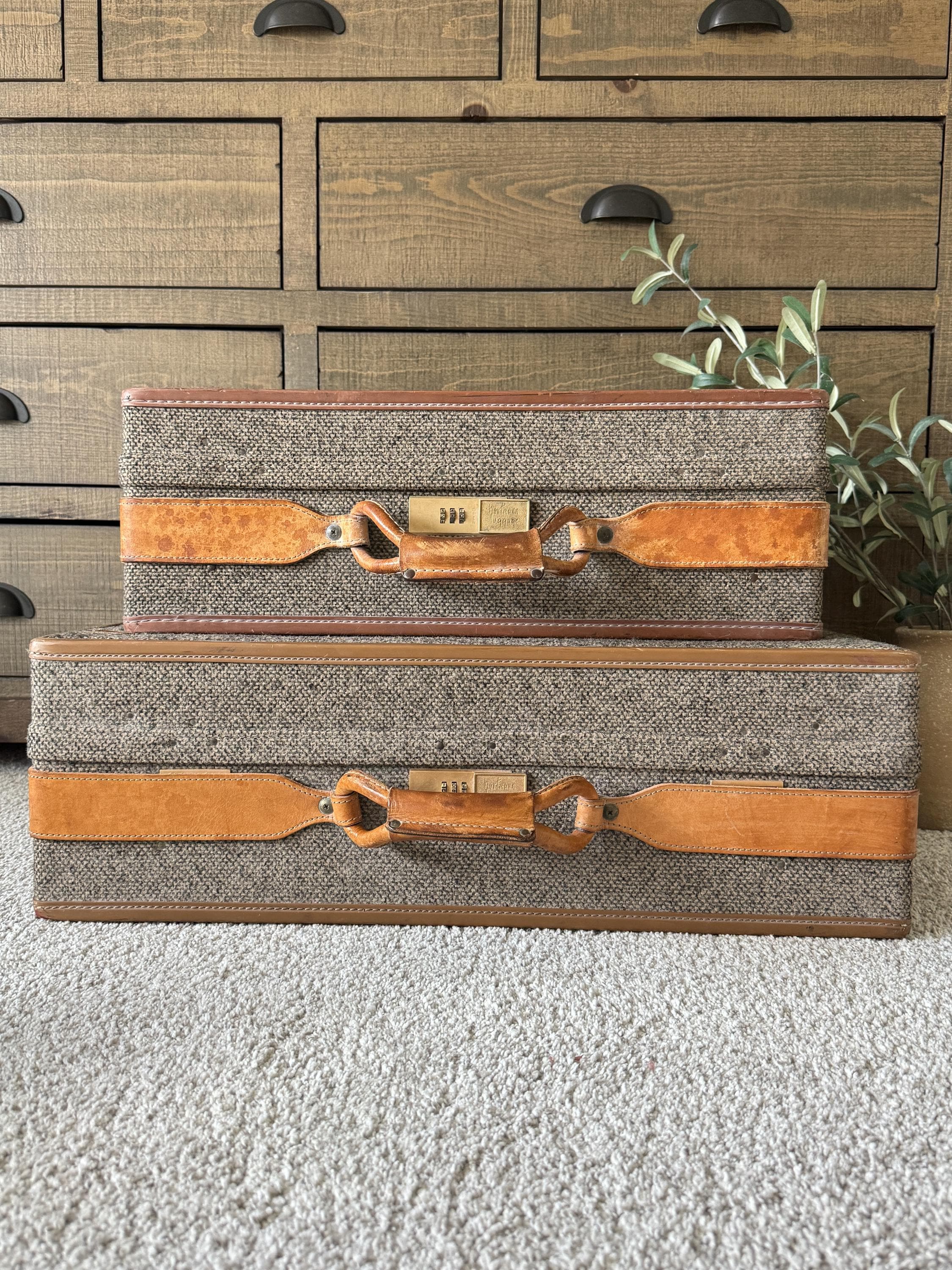 Hartmann Tweed Suitcase Set Vintage Luggage Set Of 2 Mid Century Travel Case Plaid Interior Leather Trim Retro Storage Decor