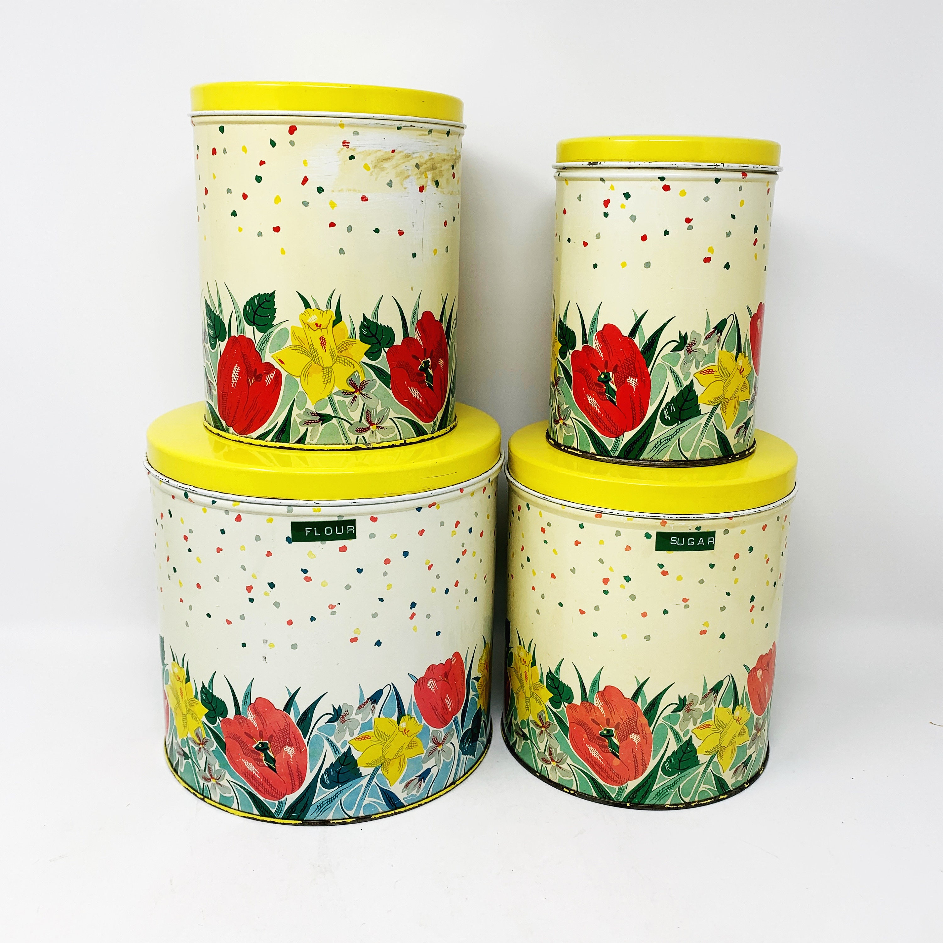 Floral Tin Canisters Kitchen Canisters Yellow Lid Tulips Etsy