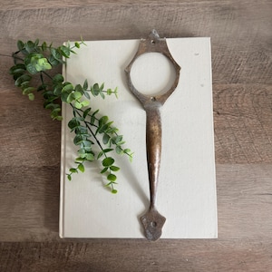 May include: A long, vertical metal door handle with a weathered bronze finish. The handle features a circular top section with a central opening and a pointed, spade-shaped base, each containing a small screw hole for mounting to a door surface.
