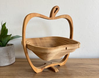 Apple Shaped Collapsible Fruit Basket | Bonnie And Pop Bamboo Basket | Folding Wooden Bowl | Cottagecore Kitchen Decor Trivet