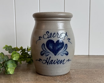 Rowe Pottery Utensil Crock | Blue Heart Kitchen Holder | 1994 Salt Glaze Stoneware | Farmhouse Vase | Primitive Americana Decor