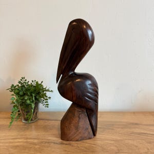 Vintage Hand Carved Wooden Pelican Statue | Mid Century Modern Bird Sculpture | Coastal Nautical Home Decor