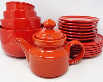 Red Waechtersbach Dishes - Solid Red - Nesting Bowls - Salad - Dinner - Plates - Bowls - Teapot - Waechtersbach - W Germany