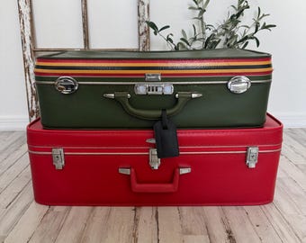 Vintage Suitcase Luggage | Choice Of Green Amelia Earhart Or Red Featherlite | Retro Travel Decor | Photo Prop Storage Case