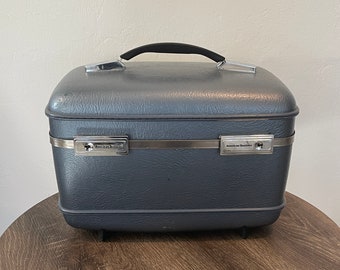 Vintage Train Case - American Tourister - With Tray - Steel Blue - Gray - Travel Case - Makeup Case - Vintage Suitcase - Vintage Luggage