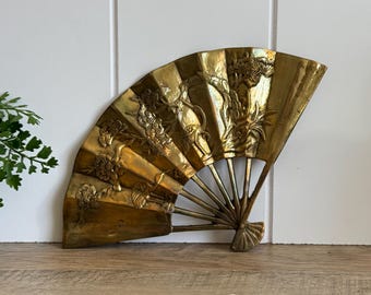 Vintage Brass Fan | Asian Wall Decor | Crane Bird Wall Art | Chinoiserie Decor | Japanese Style Fan | Hollywood Regency Accent